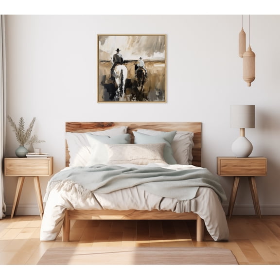 Kate and Laurel Sylvie Western Cowboy Horseback Ranch Abstract Neutral 2 Framed Canvas Wall Art by The Creative Bunch Studio, 30x30 Natural, Modern Abstract Cowboy Art for Wall