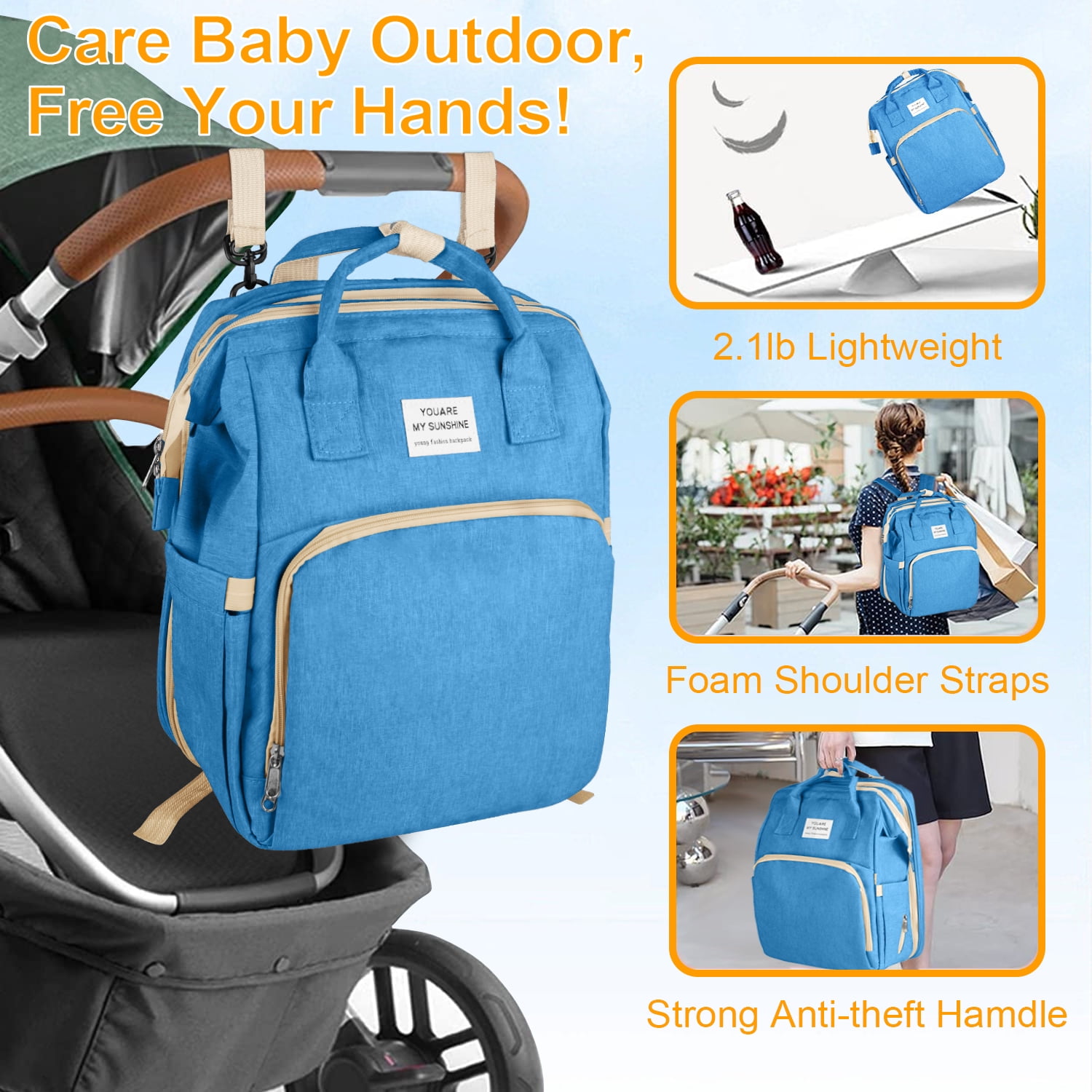 Diaper Bag Backpack,Multifunction Diaper Bag Backpack with Changing Station,Foldable Crib&Insulated Milk Bottle Pocket Large Capacity Baby Nappy Changing Bag Travel Backpack w/ Stroller Straps,Blue