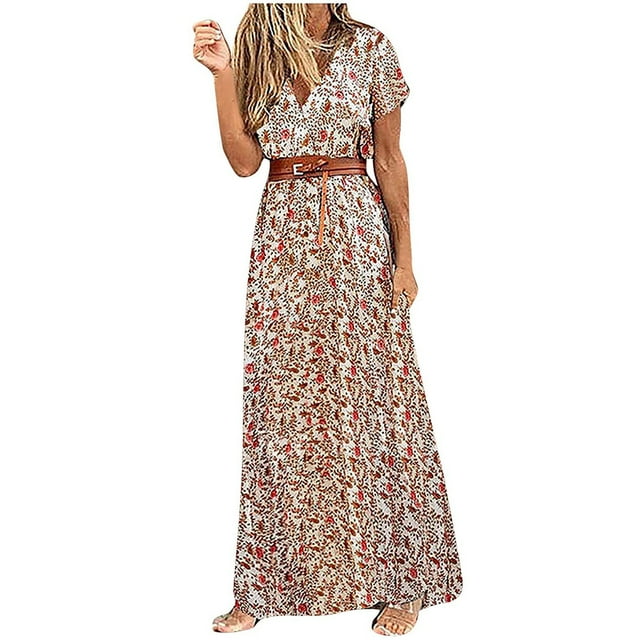QIPOPIQ Robes Midi pour Femmes à Étages à Manches Courtes Robes Décontractées Coupe Ample Robe d'Été à Imprimé Robe à Col en V avec Ceinture Offres 2023
