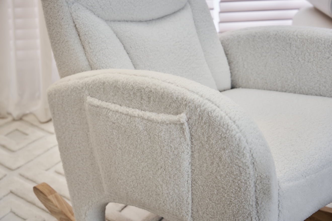 Rocking Chair Nursery, Nursery Rocking Chairs with Adjustable Footrest & Side Pocket, Comfy Rocking Chairs in Teddy Fabric, Reading Arm Glider Chair for Bedroom, Living Room, Office, Ivory