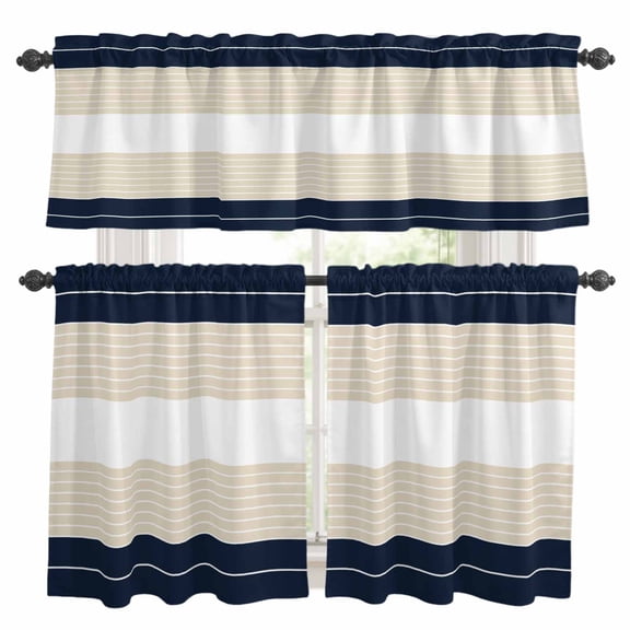Navy Beige Striped Kitchen Curtains Sets for Windows 36 Inch Length, Gradient Geometric Blue White Rod Pocket Window Treatments Tier Curtains and Valances Set for Bedroom/Bathroom