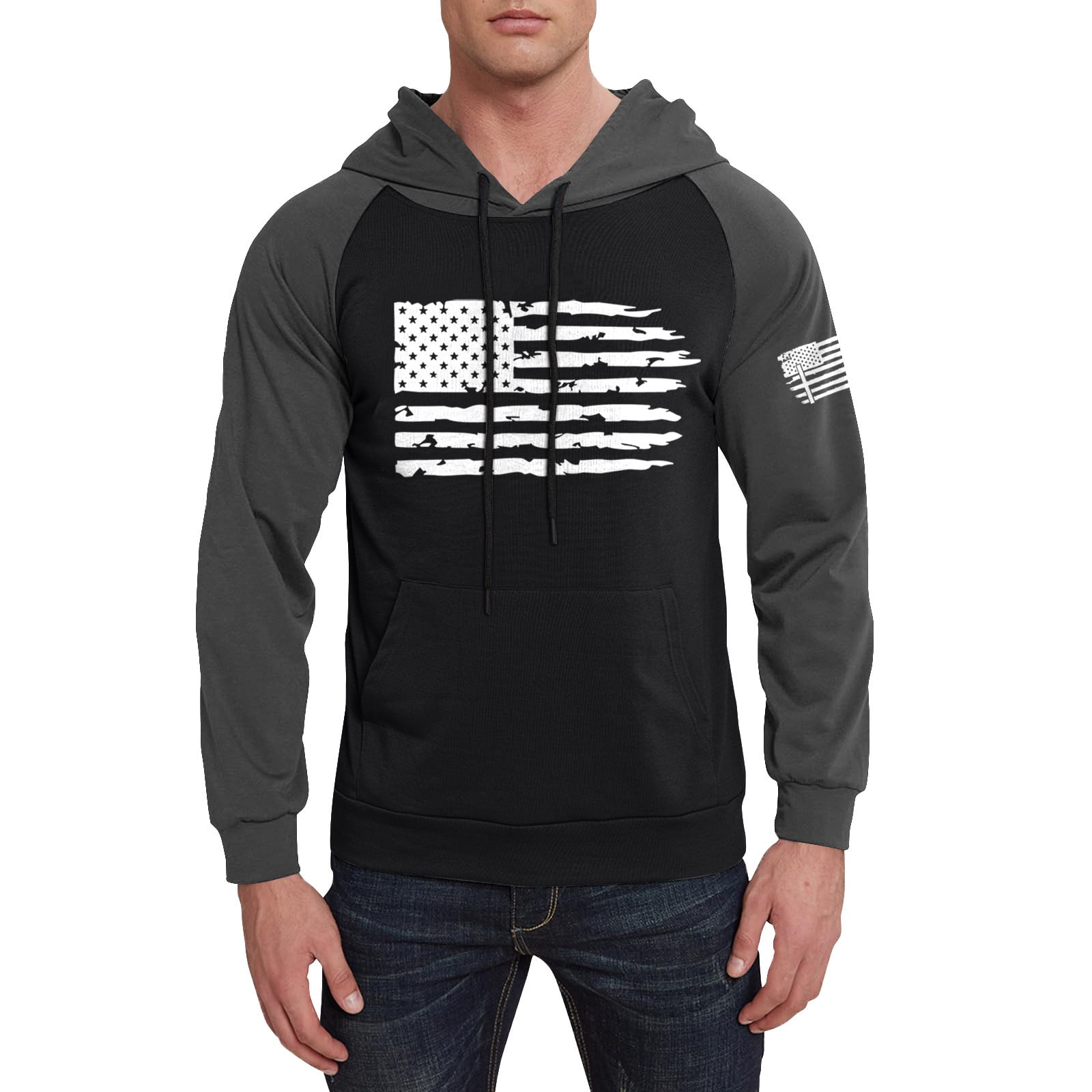 GIPQJK Mens Graphic Hoodies American Flag Print Hooded Sweatshirts 2024 Spring Trendy Patriotic Pullover Tops Usa Flag Multicolor Panel Hoodies Sweatshirts with Pockets,Black 5XL