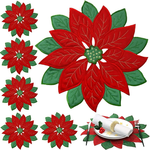 6 manteles individuales de Navidad con apliques de flor de Pascua, manteles individuales de Navidad rojos con flores bordadas, manteles individuales de Navidad para el hogar, cena, vacaciones, mesa de Navidad (estilo de Pascua, 14.0 x 14.0 in) esquí esquí Gafas de esquí
