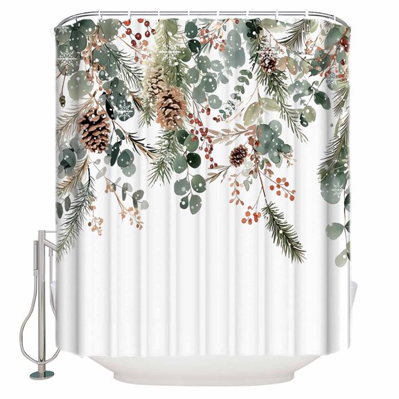 Fabric Shower Curtain, Christmas Winter Pine Tree Berry Eucalyptus Leaves Bathroom Curtain with 12 Hooks Waterproof No Bad Odor Machine Washable Bath Curtains for Bathroom, Spa Room, 36"x72"