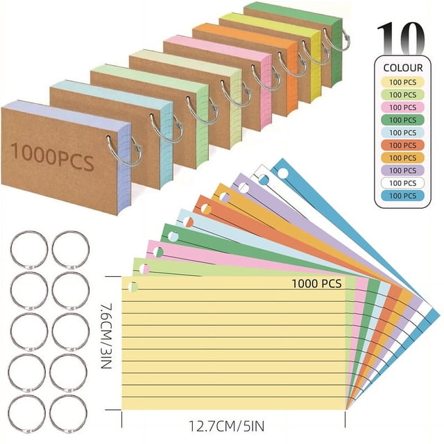 Flash Cards, 150 Sheets, Index Cards with Metal Binder Ring, Colorful Flash Card, Cue Cards for Office Meeting, School Learning, Taking to do List, Memo