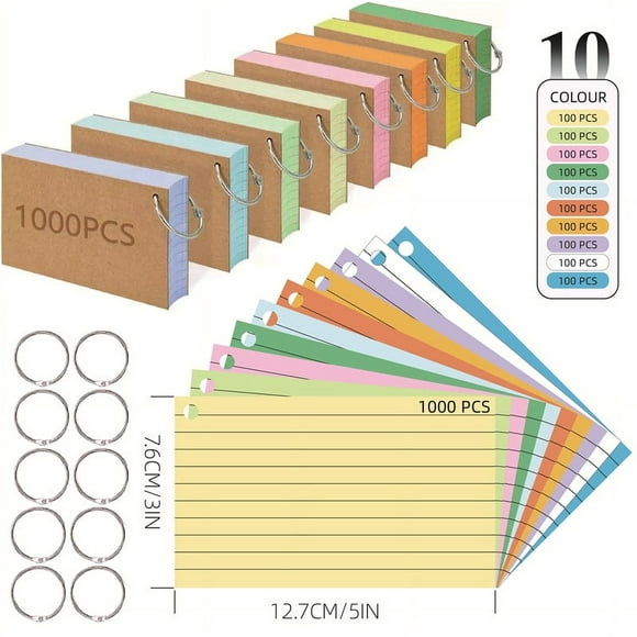 Cartes Éclair, 150 Feuilles, Fiches avec Anneau de Reliure en Métal, Carte Éclair Colorée, Cartes de Repères pour Réunion de Bureau, Apprentissage Scolaire, Liste de Choses à Faire, Mémo