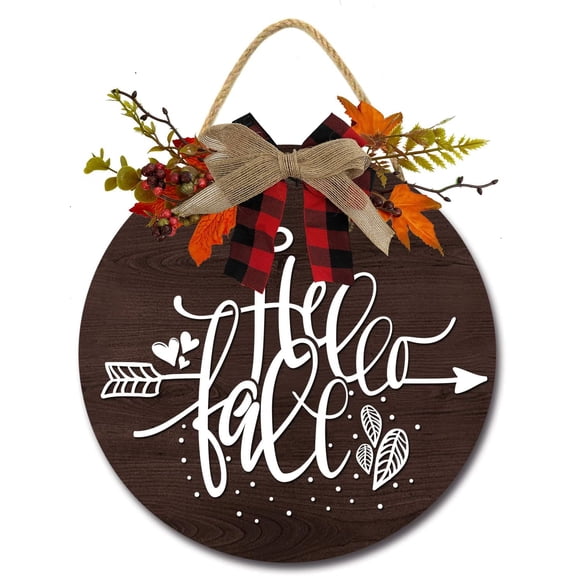 Eveokoki 12" Hello Fall Sign,Hello Door Sign,Hello Fall Decor Sign Front Door,Round Wood Hanging Sign with Ribbon Bow Farmhouse Porch Decorations for Thanksgiving