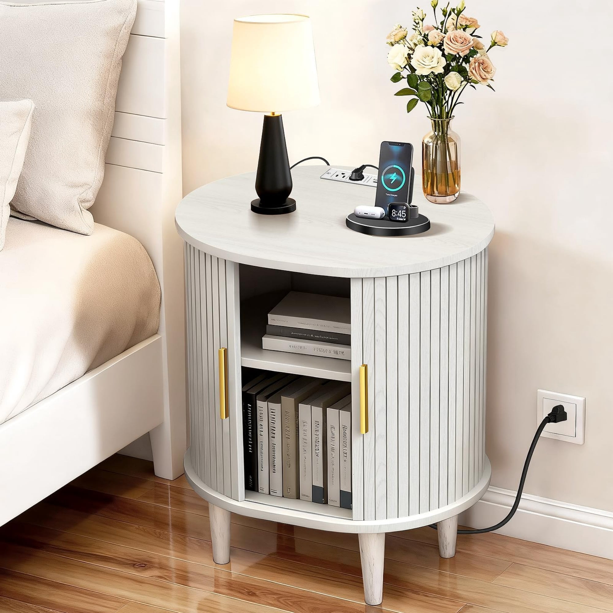 Mid Century Modern Nightstand with Charging Station, Fluted Side Table with Sliding Door & Adjustable Shelf, White