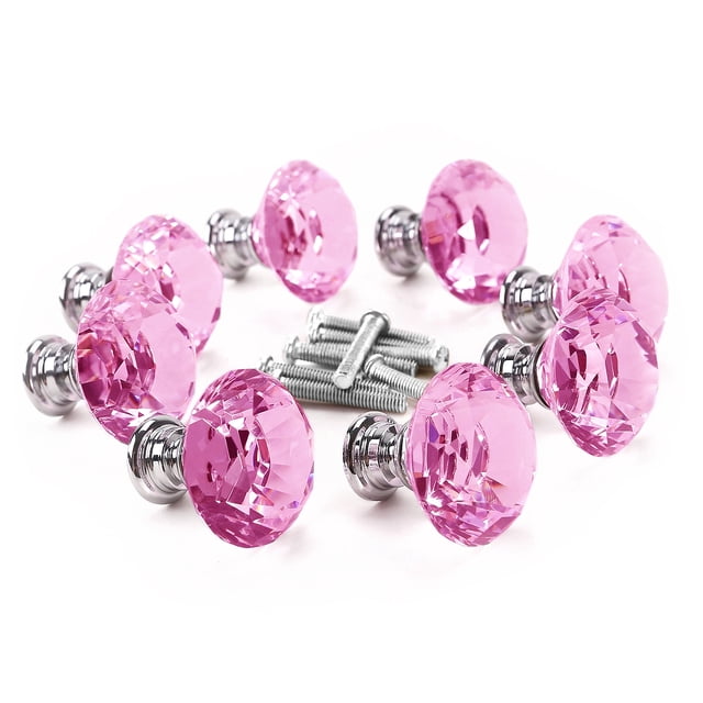 30mm Diamond Crystal Glass Door Knob Kitchen Cupboard Cabinet Wardrobe Drawer Pull Handle - 8pcs/set (Pink)