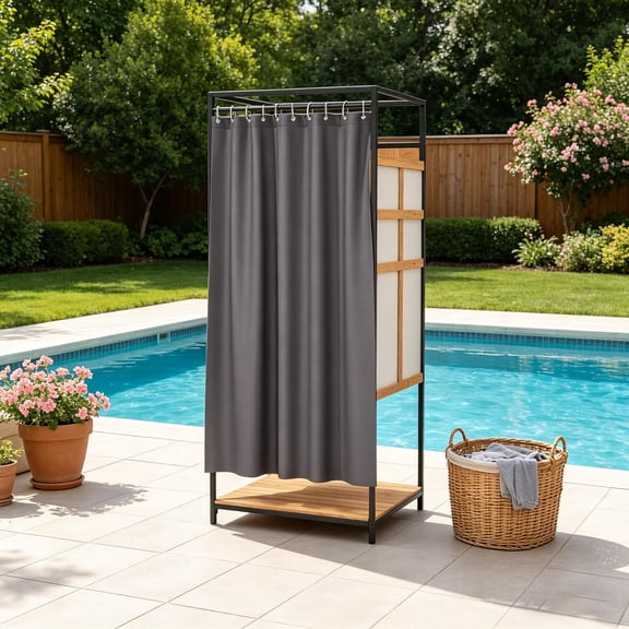 Outdoor Shower Enclosure with Metal Frame and Elevated Base for Pool Wash Station, Backyard & Beach