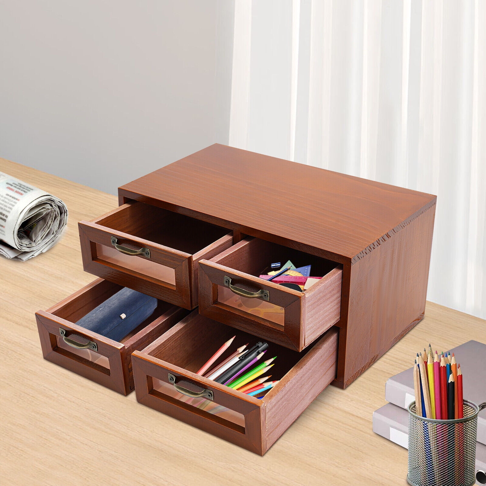 Desk Organizer with Drawers Wooden Desktop Storage Cabinet Storage Box 4 Drawer