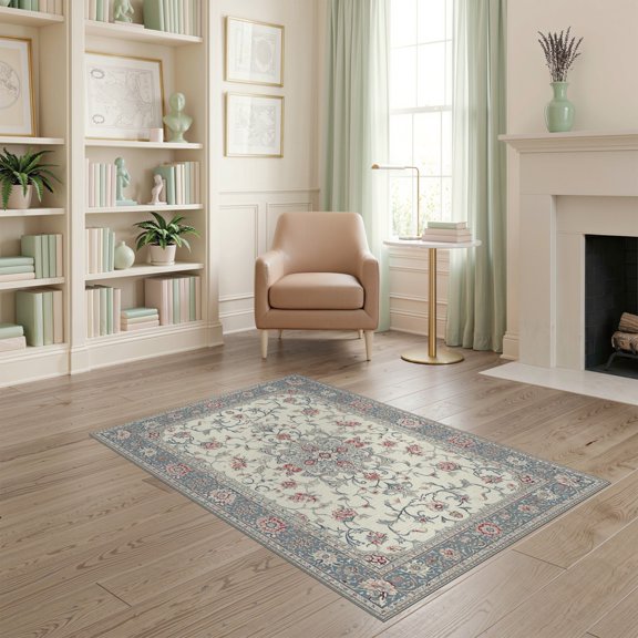 ODIKA Beige Vintage Cream Scroll Border Transitional Entryway for Dorm Room, Small Living Apartment, Stain Resistant Low Profile