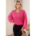 thumbnail image 5 of Women's Rose Waffle Knit Balloon Sleeve Splicing V Neck Top, 5 of 5