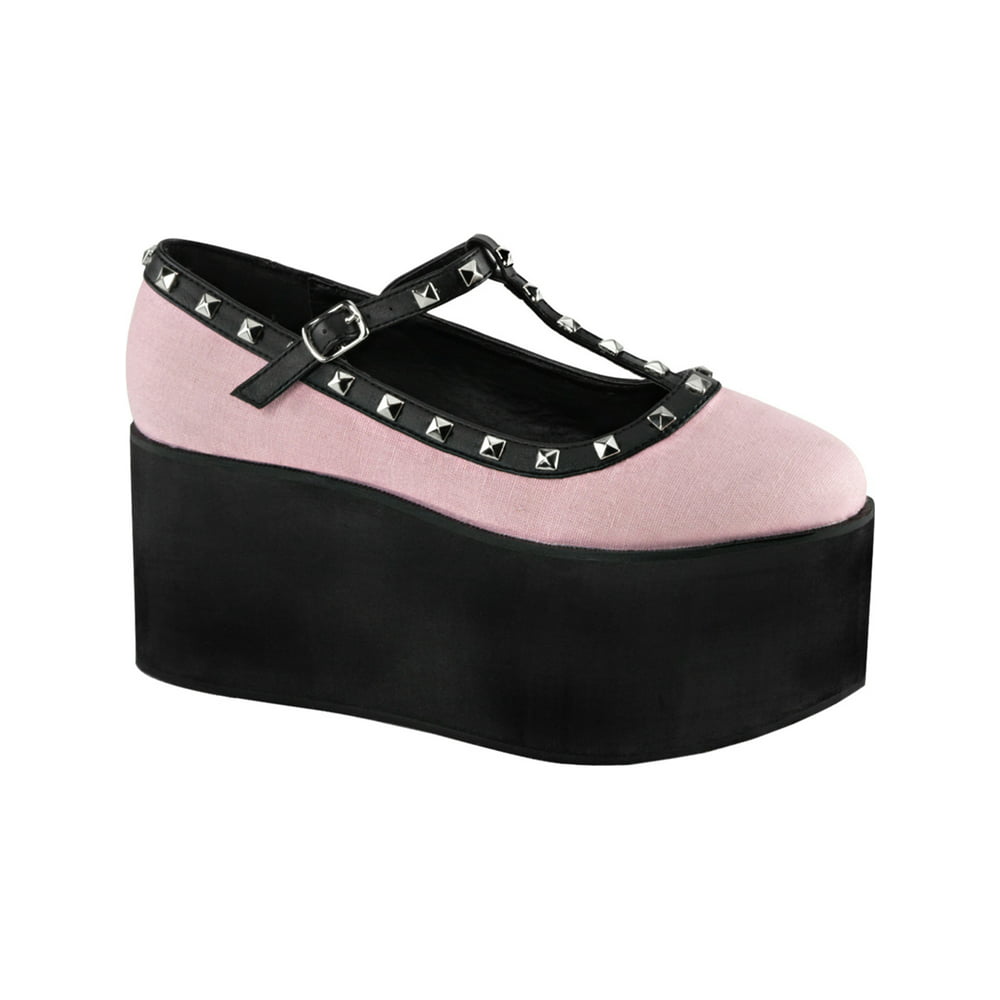 Demonia - Womens Pink and Black Shoes Two Tone T Strap Shoes Studs 3 1/ ...