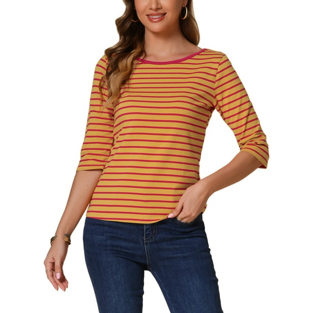 Camiseta básica de ajuste slim con cuello redondo y mangas de codo para mujeres INSPIRE CHIC, estampada, color amarillo y rojo