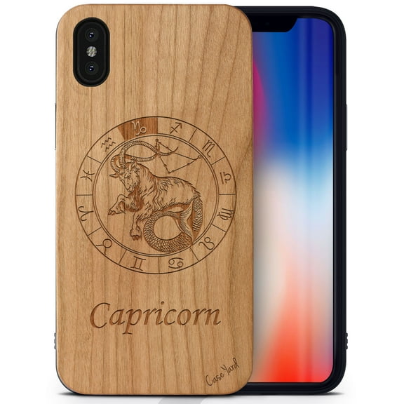 Case Yard Wooden Case Outside Soft TPU Silicone, Slim Fit Shockproof Wood Protective Phone Cover for Girls Boys Men and Women, Supports Wireless Charging Capricorn Sign Design case for iPhone-XS-Max