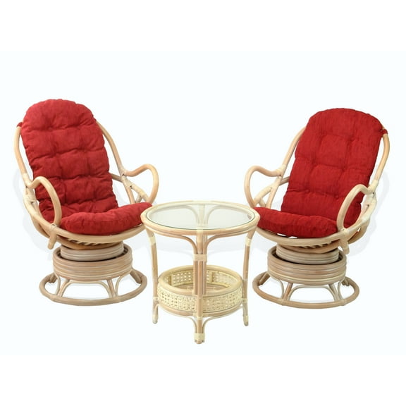 SK New Interiors Set of 2 Swivel Rocking Java Lounge Chairs Natural Rattan Wicker Handmade w/Burgundy Cushion and Round Coffee Table, White Wash