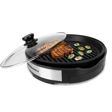 Elite Cuisine EMG1560 12” Deluxe Indoor Grill with Tempered Glass Lid, Stainless Steel