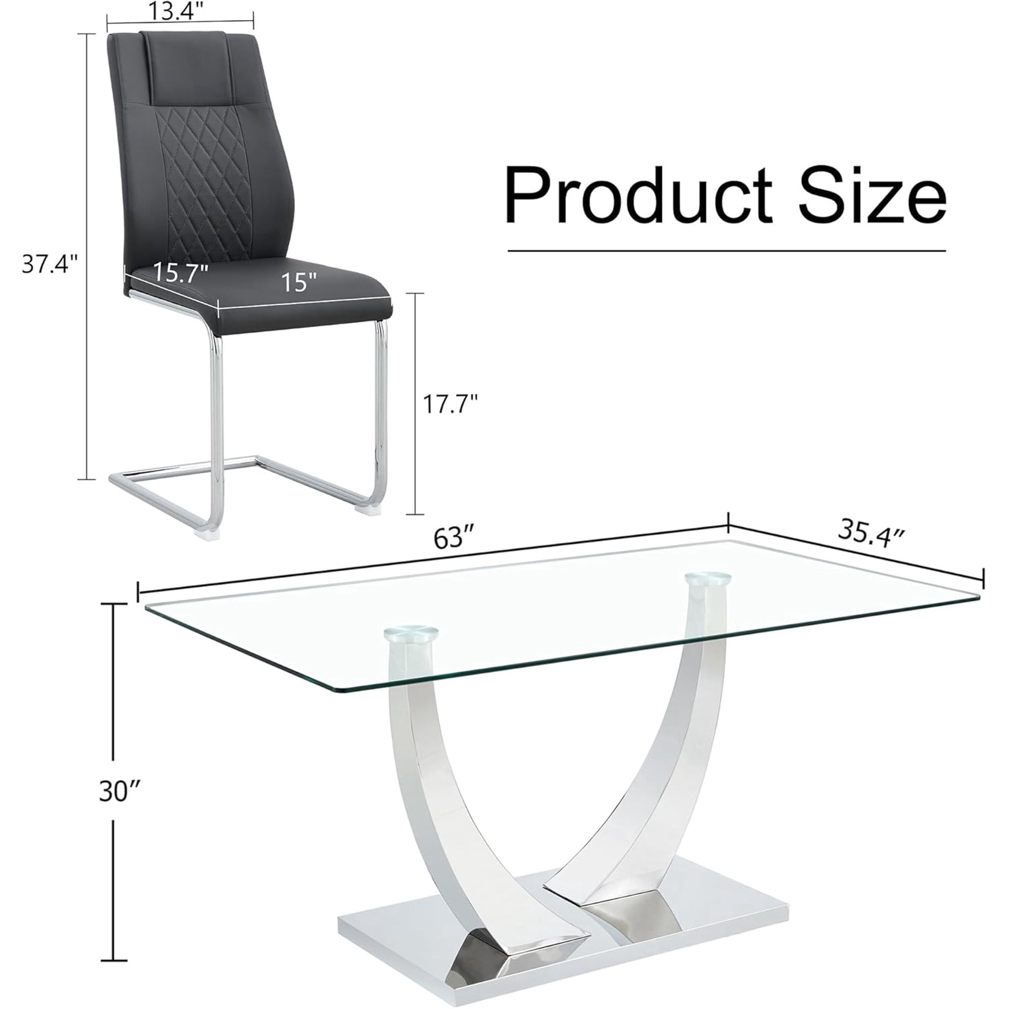 SUDICA Dining Table Set, 7-Piece 63" Rectangular Tempered Glass Top, Silver Metal U Base, 6 Black PU Leather Chairs, Dining Room