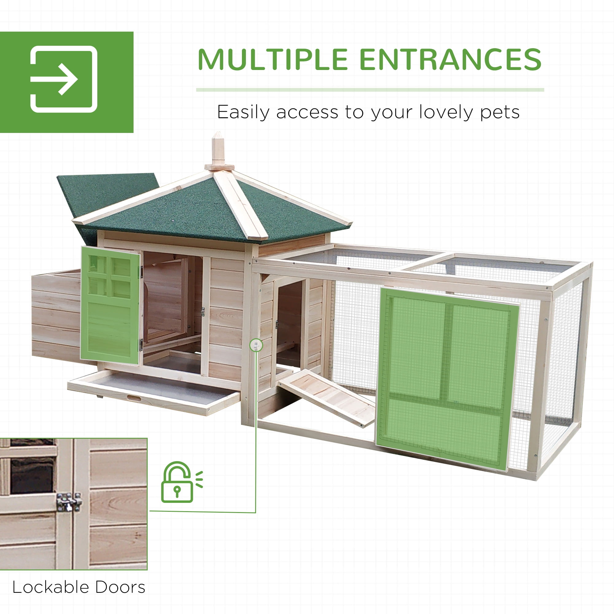 77" Wooden Chicken Coop with Nesting Box, Cute Outdoor Hen House with Removable Tray, Ramp Run, for Garden Backyard, Natural