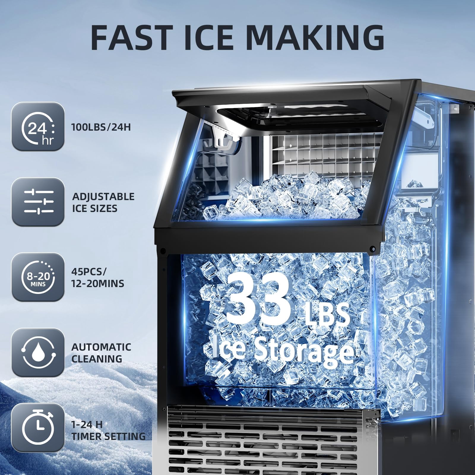 100Lbs/24H Commercial Ice Maker, 45 Cubes in 11 Mins, Stainless Steel, Auto Clean, Under Counter for Home/Bar Use， Auseo