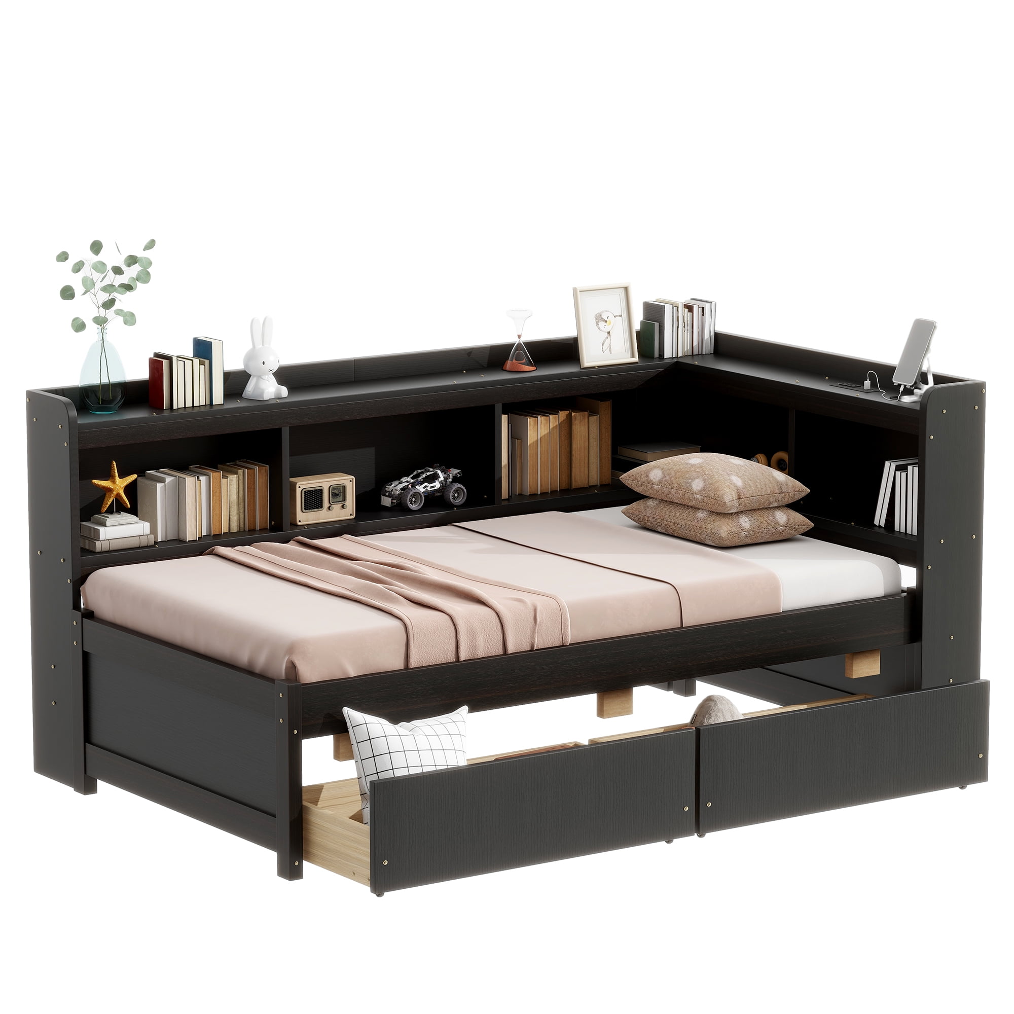 Sailvan Twin Size L-shaped Bookcases Bed with Power Outlets, USB Charging Ports,Two Drawers