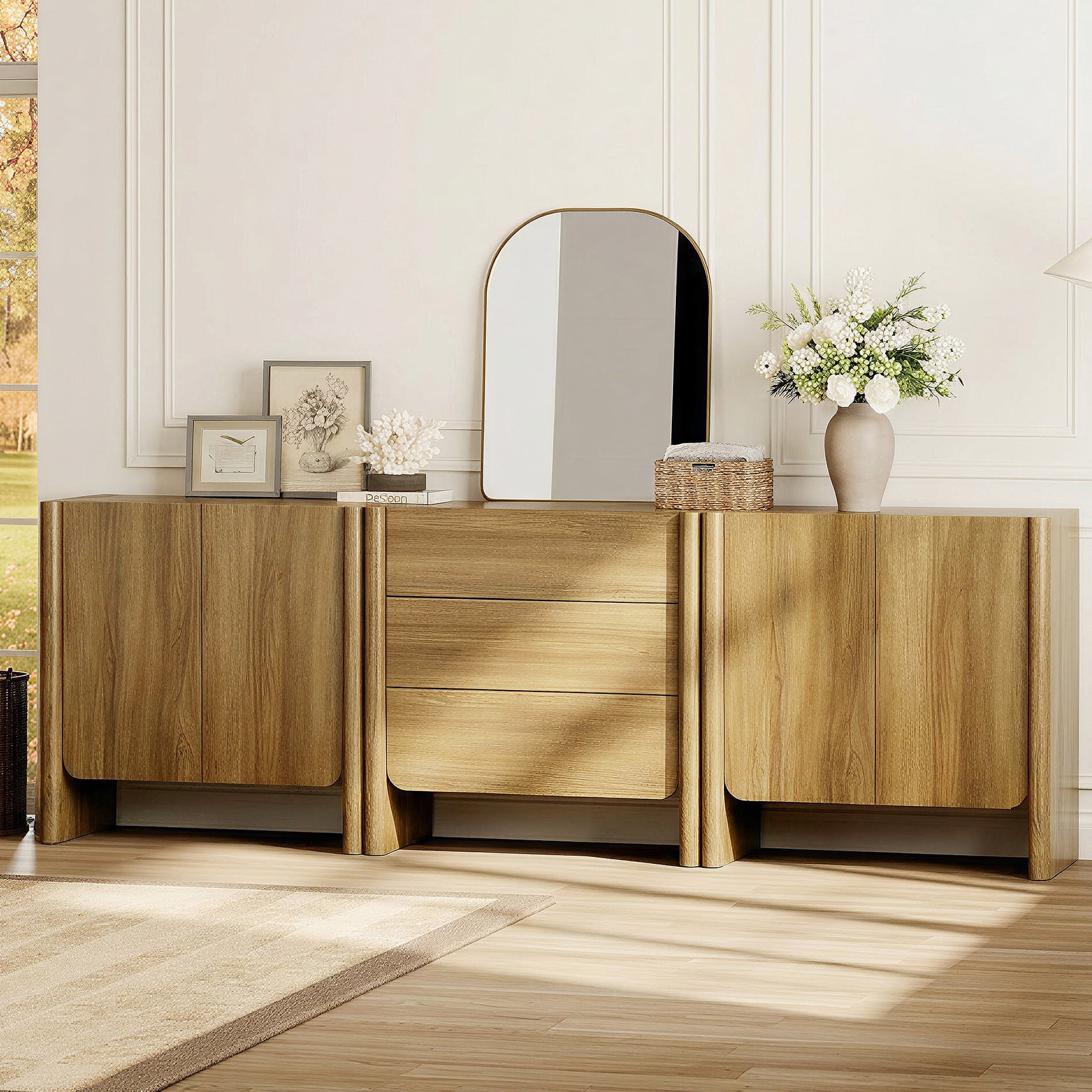 Modern French TV Stand, 94.5-Inch 3-Piece Media Console with 4 Doors and 3 Drawers, Supports TVs up to 105 Inches, Walnut