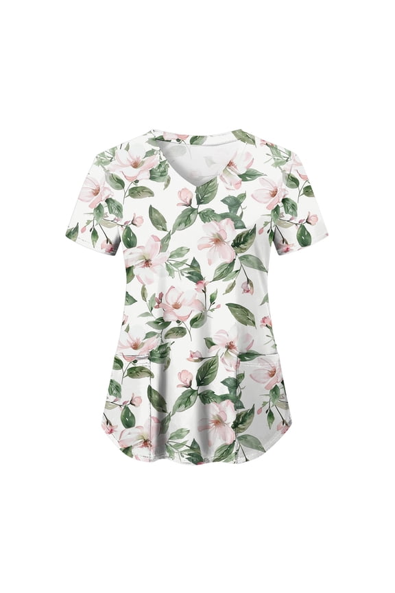 Print Scrub Tops Women Floral Scrubs V Neck Short Sleeve Stretch Nurse Uniform with Pockets Functional Workwear (Green, XXL)