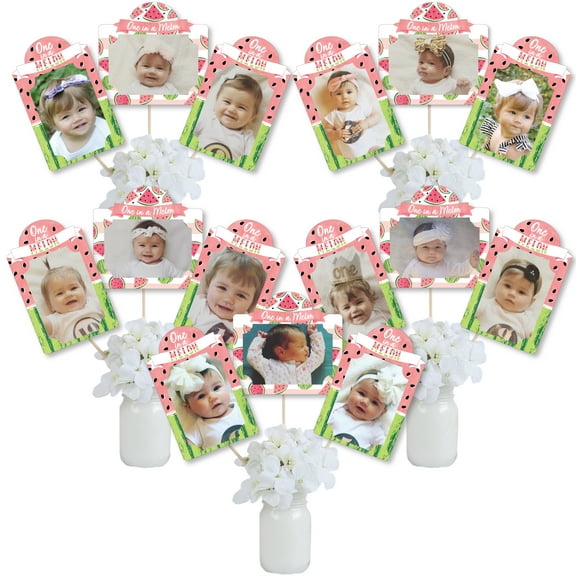 Big Dot of Happiness 1st Birthday One in a Melon - Fruit First Birthday Party Picture Centerpiece Sticks - Photo Table Toppers - 15 Pieces