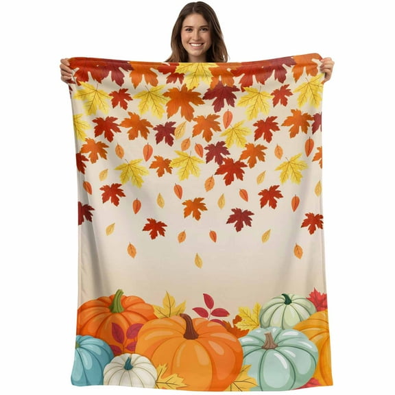 Orange Fall Thanksgiving Pumpkins Throw Blankets, Maple Leaves Farmhouse Soft Fleece Blanket Decorative for Home Sofa Couch Chair Living Bedroom, 30x40 Inches,