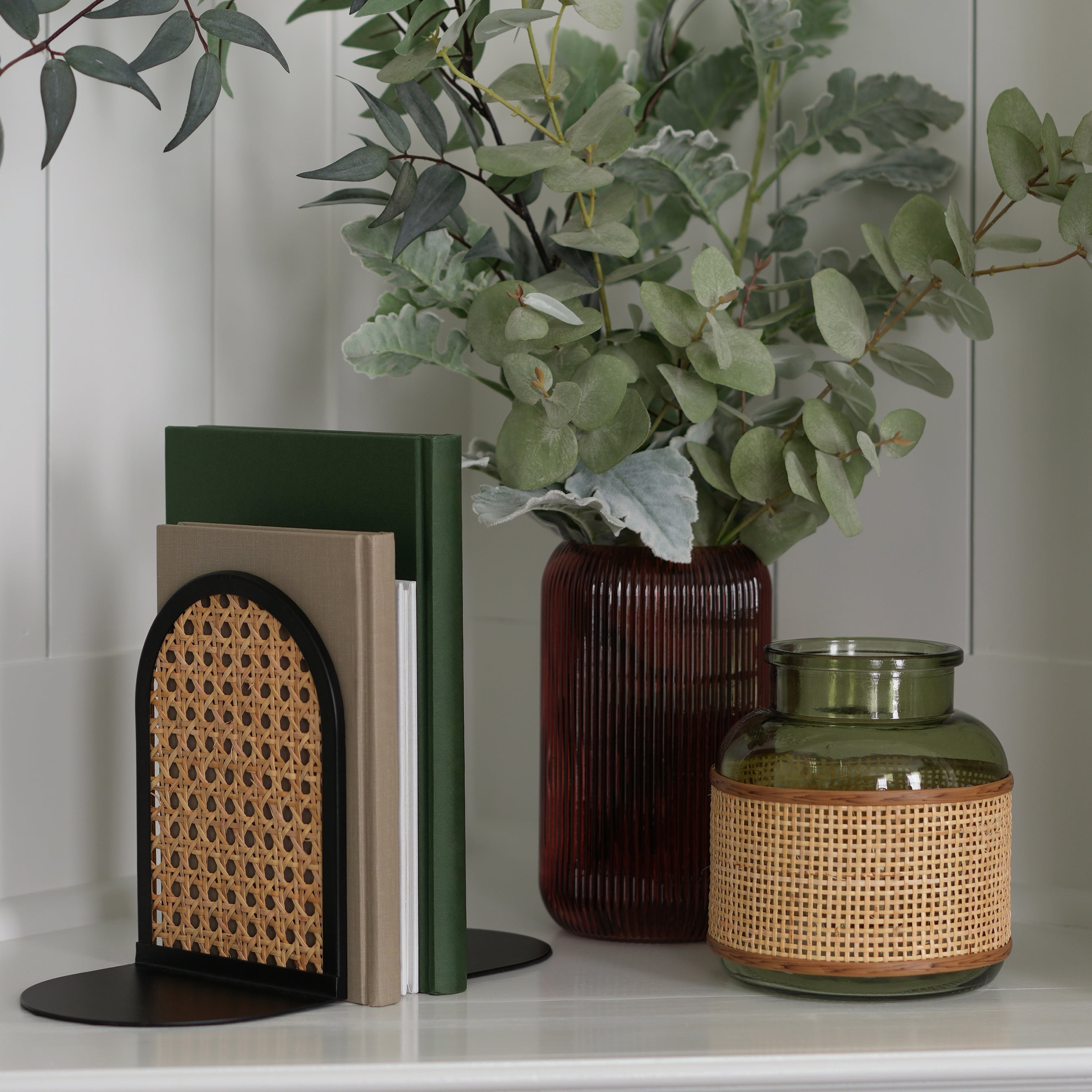 (2 pack) Home Decor Collection 6" Green Translucent Glass Indoor Tabletop Vase with Natural Rattan Caning Wrap