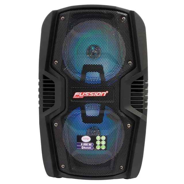 Bafle Fussion Acustic PBS-1003 negro con bocinas amplificadas de 2x6.5 pulgadas, batería recargable de 2200mAh y conectividad Bluetooth, USB, Micro SD, entrada para micrófono y luces LED. Ideal para audio inalámbrico potente en fiestas y reuniones, también adecuado para eventos con micrófono.