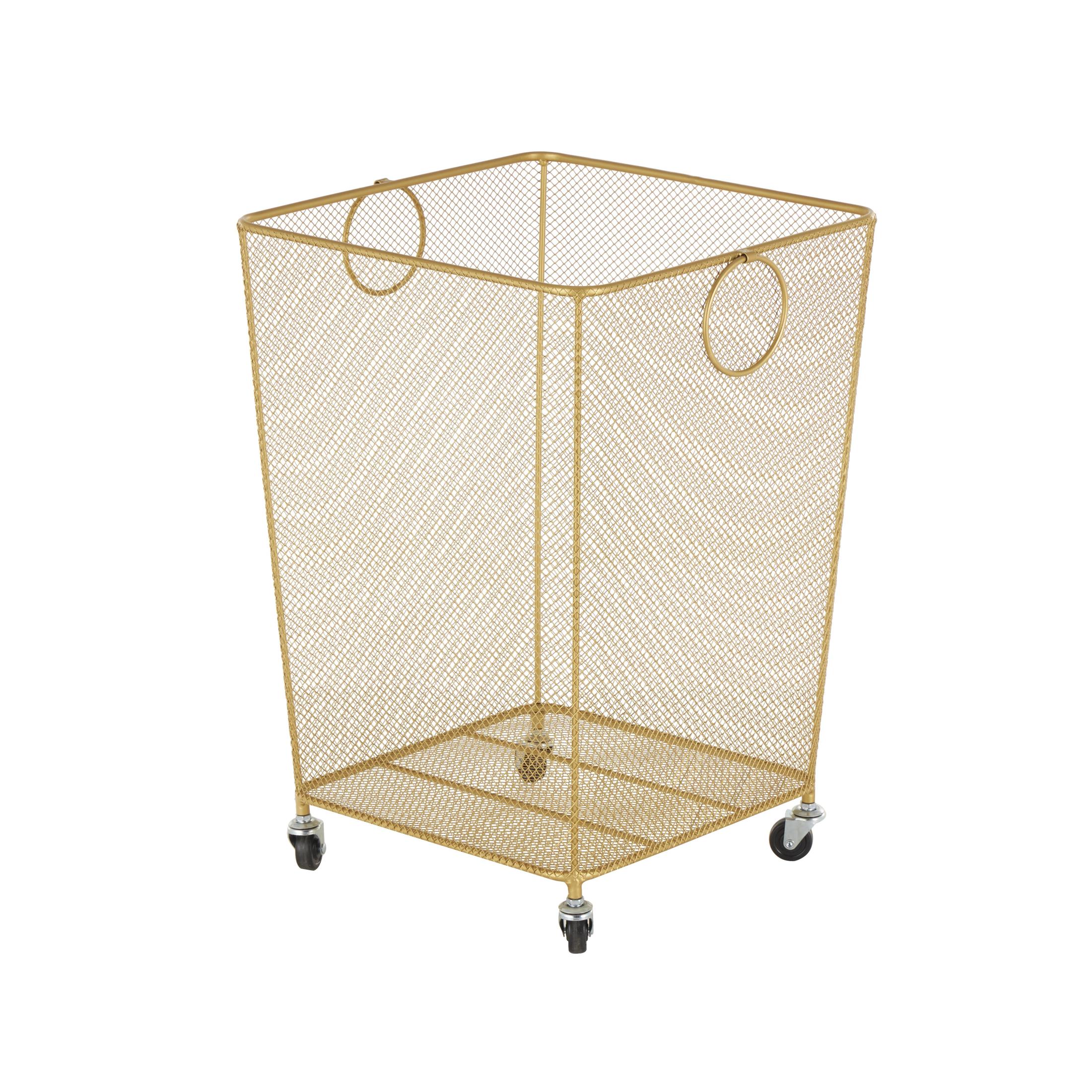 DecMode Gold Metal Square Mesh Wire Rolling Laundry Storage Cart with Ring Handles