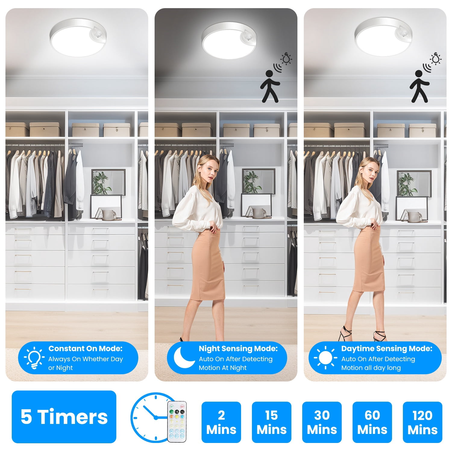 USB Rechargeable Motion Sensor Ceiling Light, Magnetic Mount LED Closet Light 3 Color Temp 4 Brightness 5 Timer PIR Sensor with Remote for Hallway Pantry Stairs