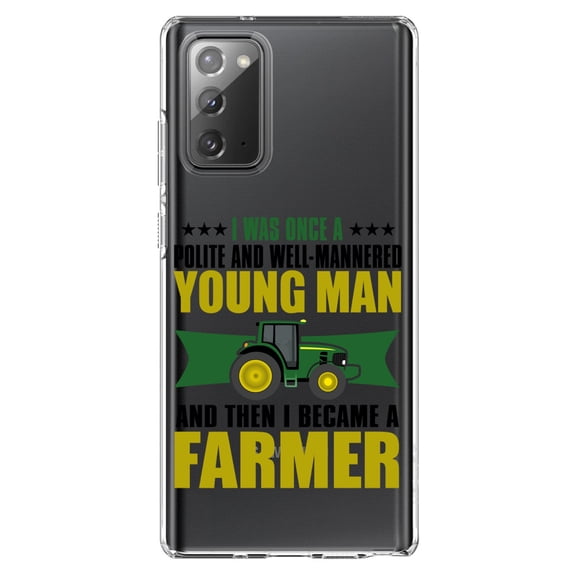DistinctInk Clear Shockproof Hybrid Case for Samsung Galaxy Note 20 (6.7" Screen) - TPU Bumper Acrylic Back Tempered Glass Screen Protector - Was Well Mannered Young Man Then Farmer