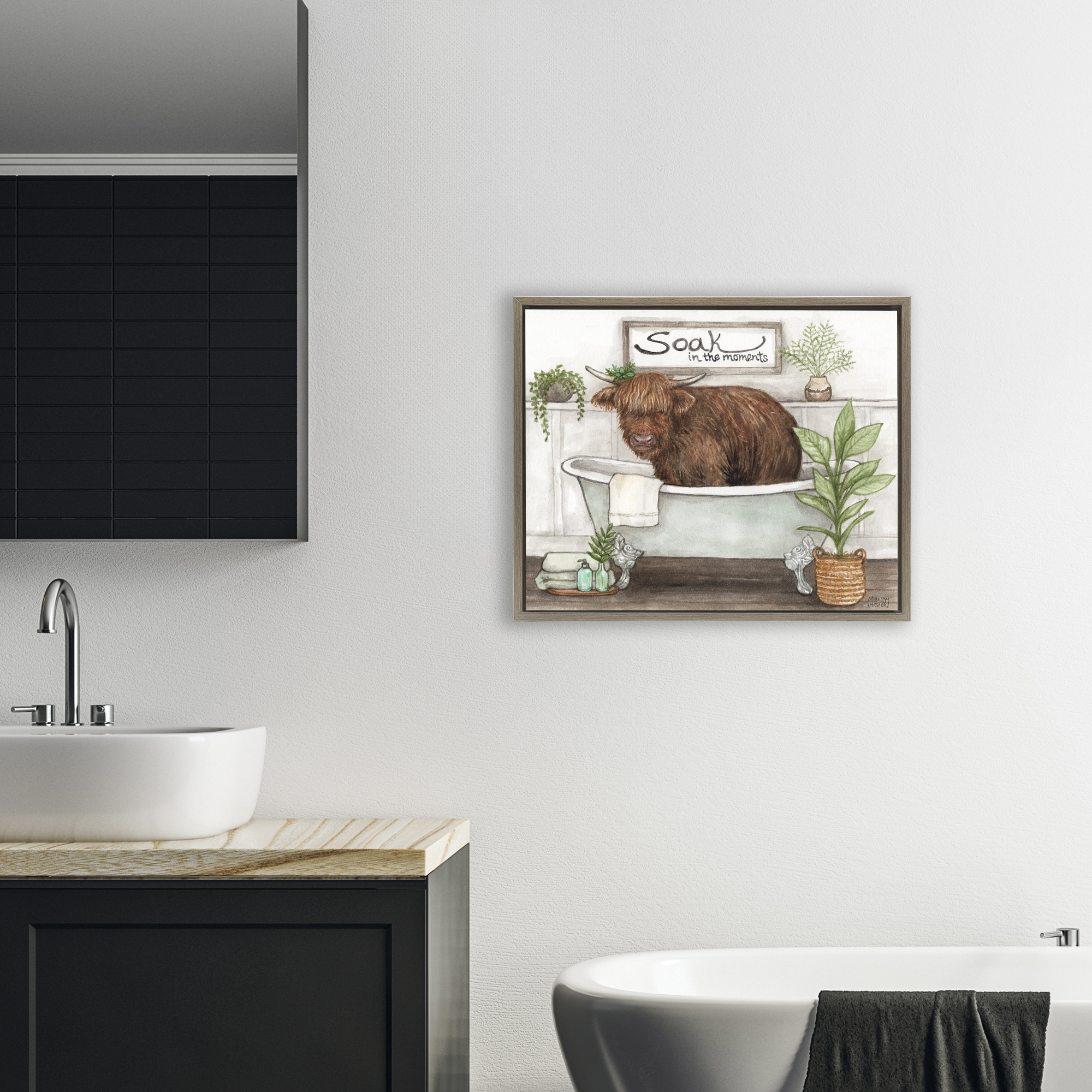 Soak In Moments Cattle Brown Framed Floater Canvas Wall Art, design by Melinda Hipsher