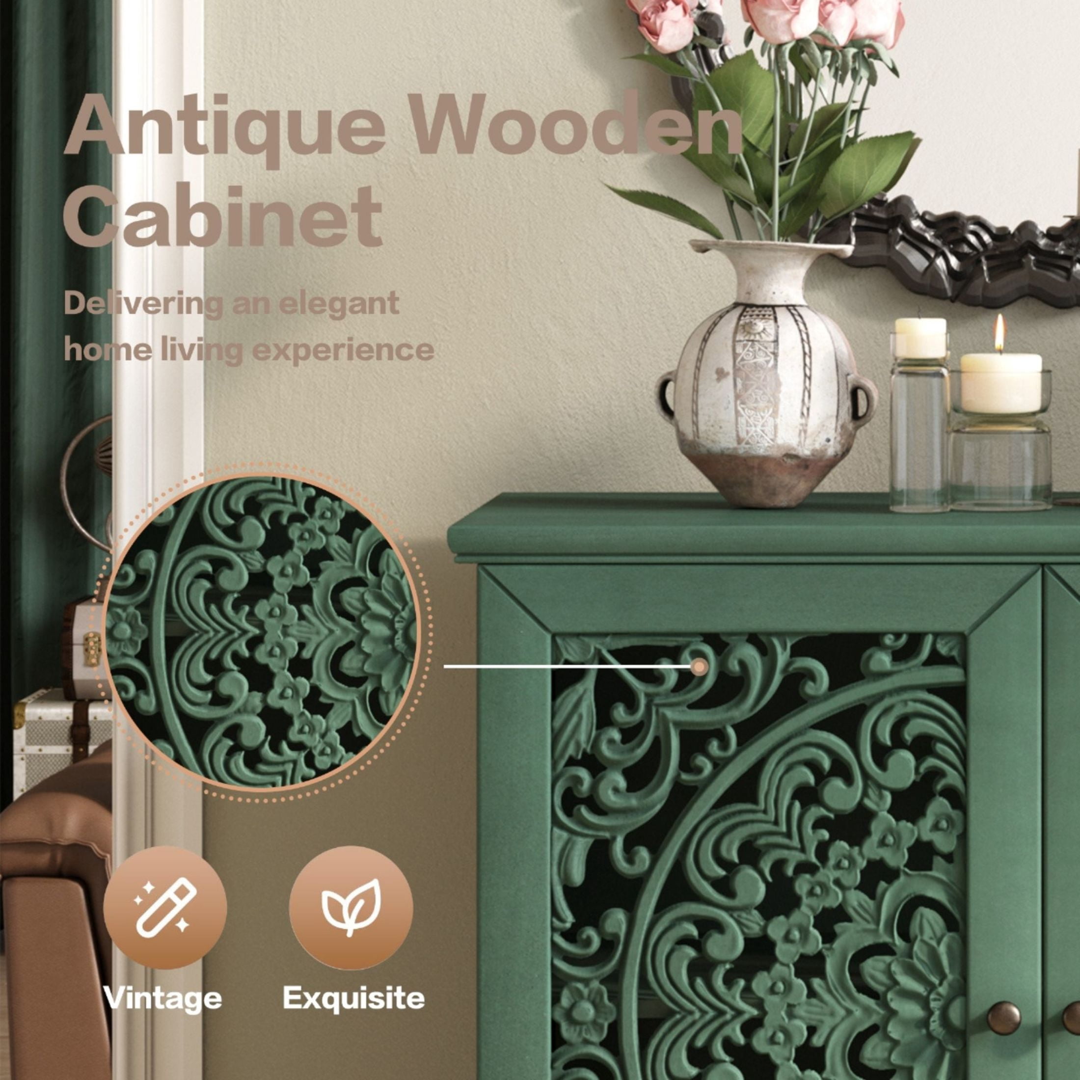 Noble house Vintage Hollow-Carved Accent Cabinet, 2-Door Sideboard, Adjustable Shelf & Solid Wood Legs,Antique Green