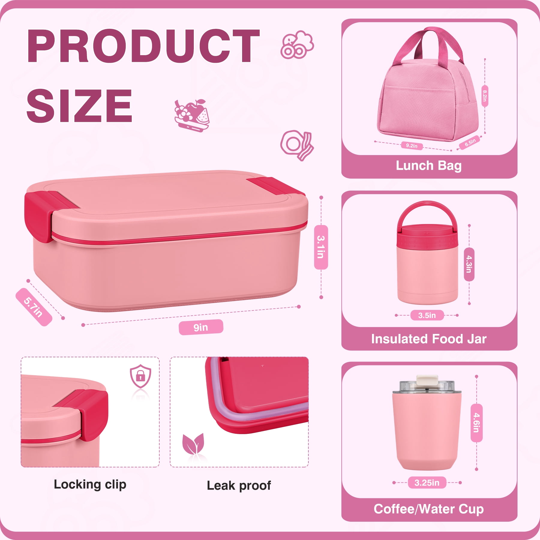 Bento Lunch Box Set with 10.5oz Soup Thermo for Adults Kids, Leak-proof Food Jar Lunch Container with 4 Compartment, Stainless Steel Coffee Tumbler with Lunch Bag for School Travel Office Pink