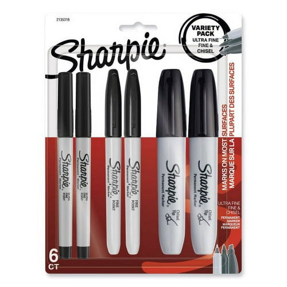 Sanford 2135318 Mixed Point Size Permanent Markers, Assorted Tip Sizes/Types, Black, 6/Pack