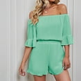 thumbnail image 2 of Women Boho Off Shoulder Summer Chiffon Romper Casual One Piece Strapless 3/4 Bell Sleeve Shorts Tube Top Jumpsuit, 2 of 7