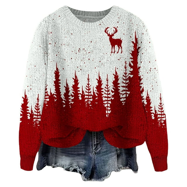 HOWPAY Chandails de Noël pour Dames Style Noël Imprimé Blouse Décontractée Manches Longues Col Rond Chandail de Vacances Hauts Coupe Ample Léger Confortable Tenues d'Automne Rouge m