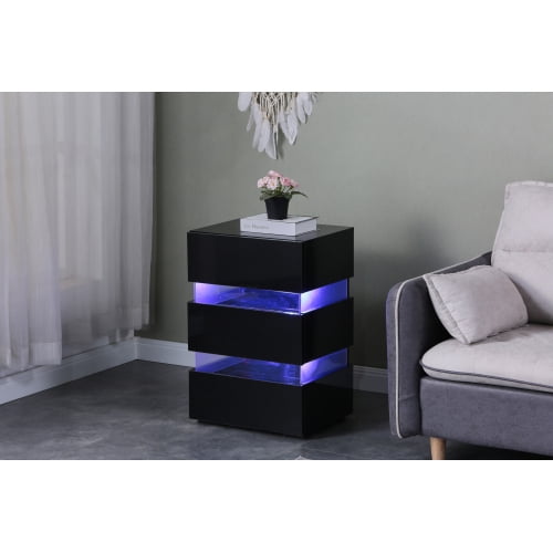 Mydepot Modern Black Side Table with LED, High Gloss, 3 Drawer