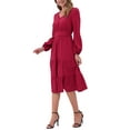 thumbnail image 4 of Vestido V de Cuello en V Inspire Chic para Mujeres con Mangas de Linterna, Volantes, Corte A, Elegante, Casual, Midi, L Rojo Oscuro, 4 of 6