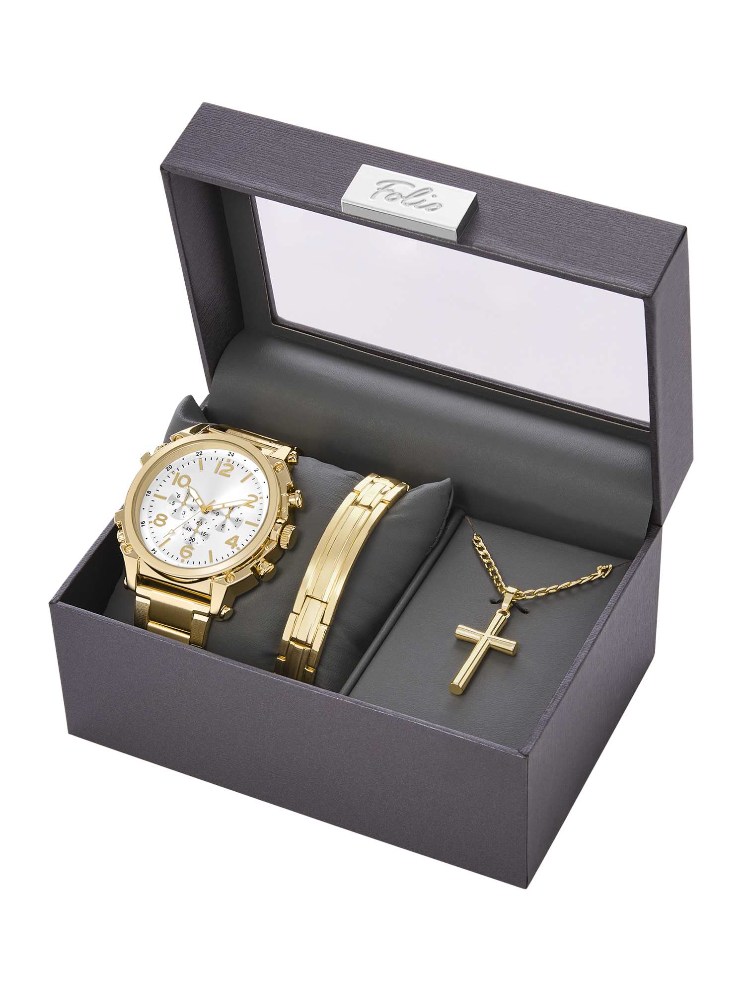 Folio Men s Gift Set Gold Tone Bracelet Watch with Gold Tone Fashion Bracelet and Cross Necklace FMDAL1180 Walmart
