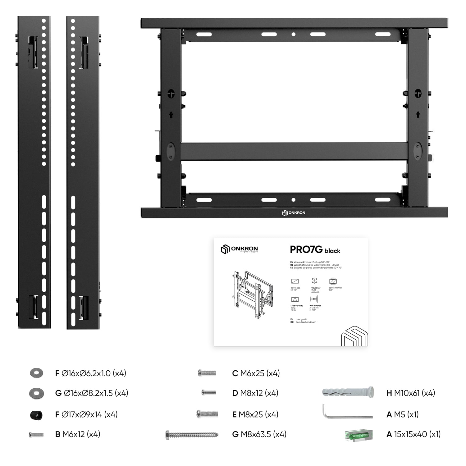 ONKRON Adjustable Video Wall Mount for 50 – 70 Inch TV Mount , Video Walls and Panels up to 110 lbs , Video Wall Mounting System - max VESA 600x600 - Large TV Wall Mount / TV Mounting Bracket Black
