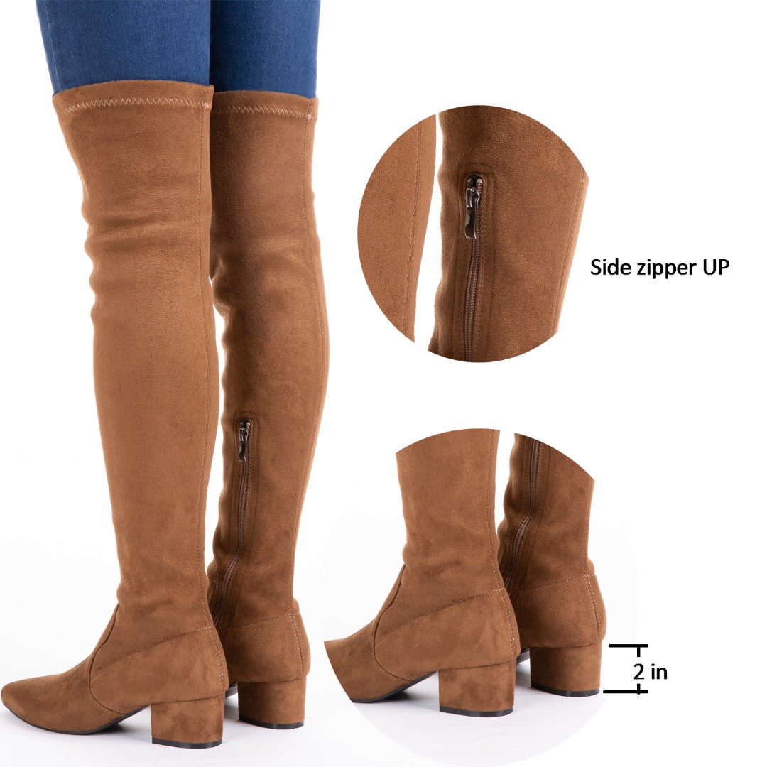 N.N.G Women's Over-The-Knee Boots - 3 Inch Block Heel, Suede Brown, Comfortable Square Heels (Size 7.5)