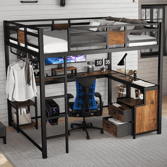 Queen Loft Bed with Desk and Storage, Space Saving Metal Loft Bed Frame with Fabric Drawers, Noise-Free Design & Ladder, No Box Spring Needed, for Apartment, Dorm, Black
