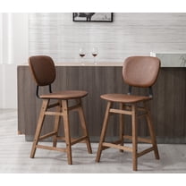 Guyou 26" Modern Bar Stool Set of 2, Farmhouse Upholstered Faux Leather Counter Height Stool with Back and Wooden Legs for Kitchen Island Dining Room Living Room, Browm