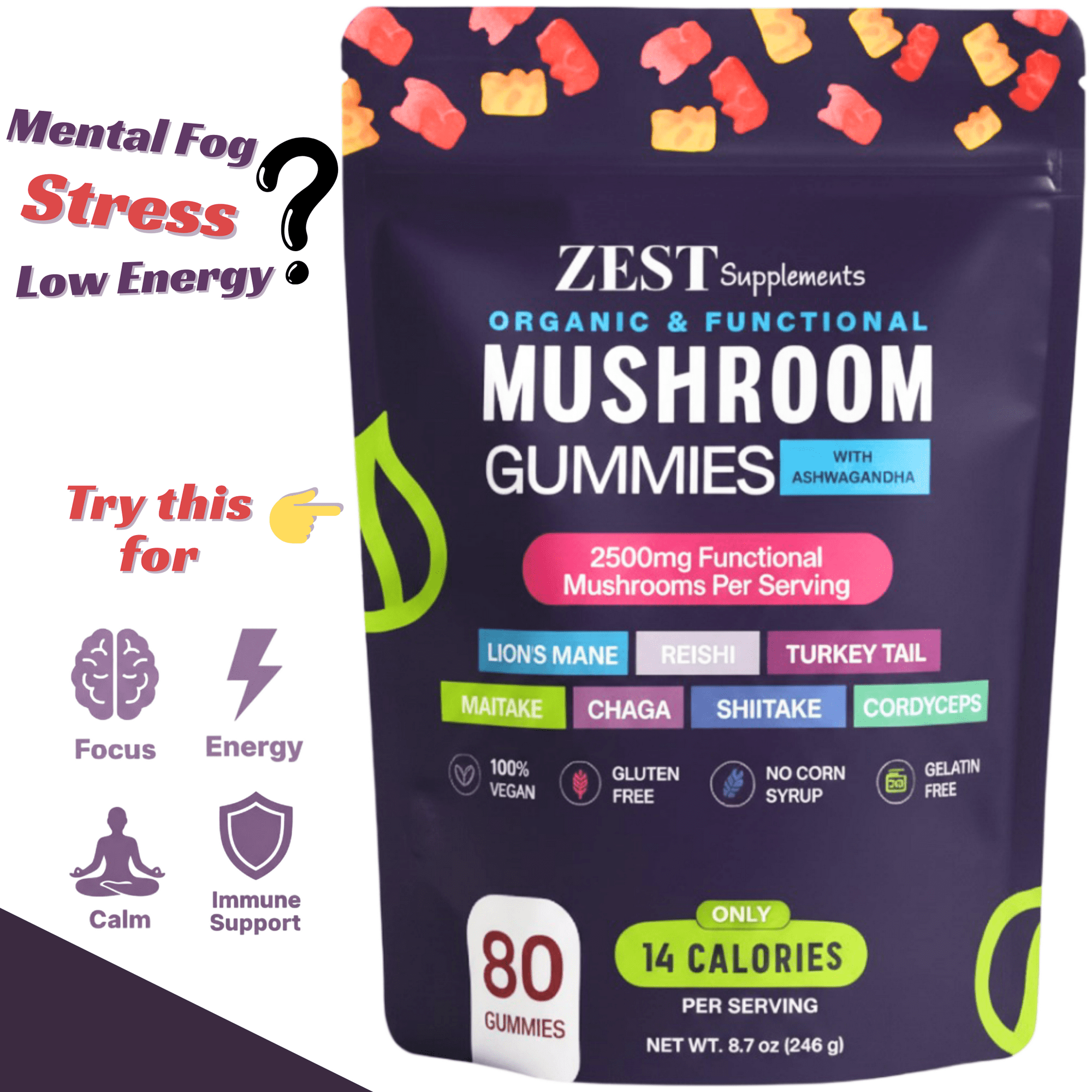 Mushroom Gummies with Ashwagandha & Lion's Mane – 80 Count | Boost Focus, Energy & Calm