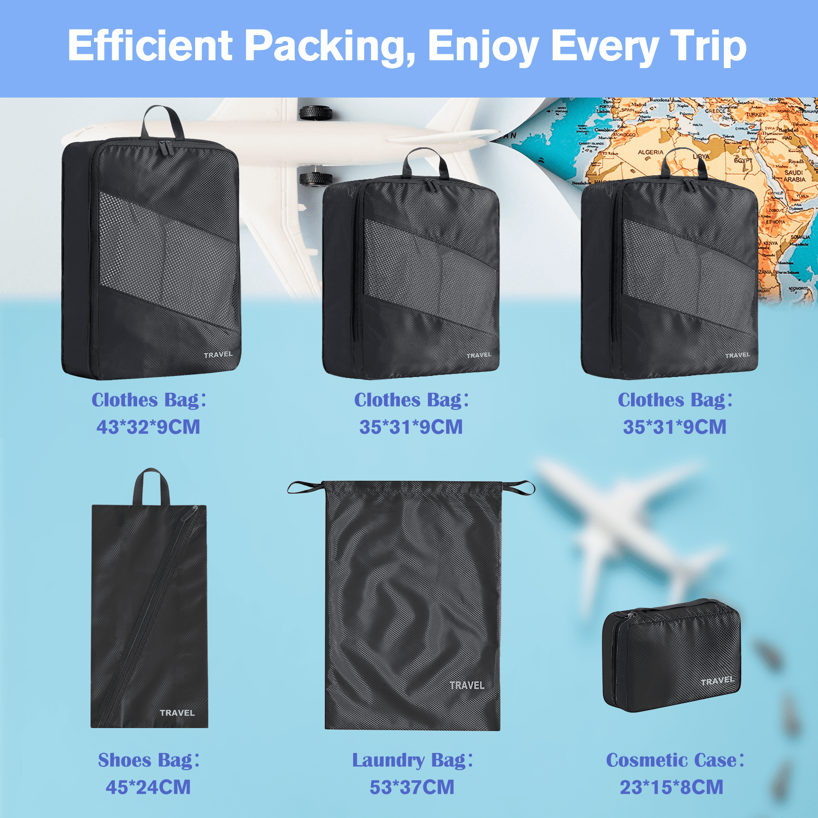 Lugackme 6 Set Compression Packing Cubes Lightweight Vacation Travel Essentials Durable Expandable Travel Packing Organizer Accessories Luggage Suitcase Backpack Black